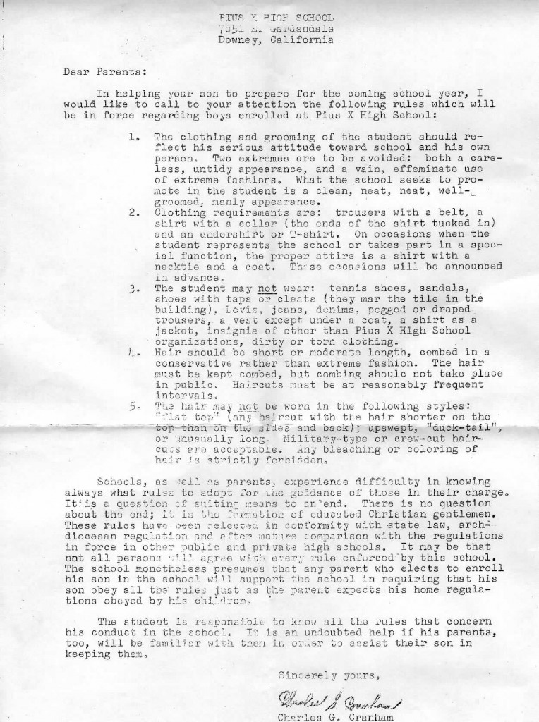 Pius X Boys Dress Code circa 1962